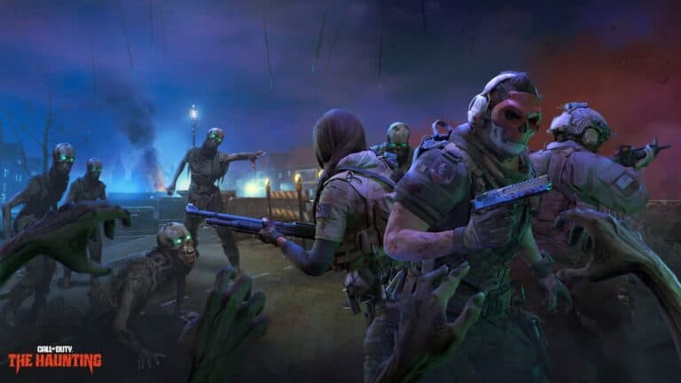 mw2 season 6 the haunting operators in skull masks back to back fight zombies at nighttime