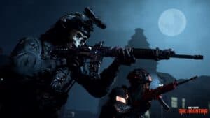 mw2 season 6 the haunting two soldiers in skull masks aim weapons at nighttime full moon