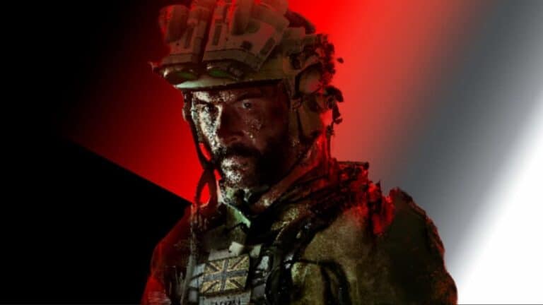 mw3 dirty soldier in tactical gear and helmet stares at camera on red black white background