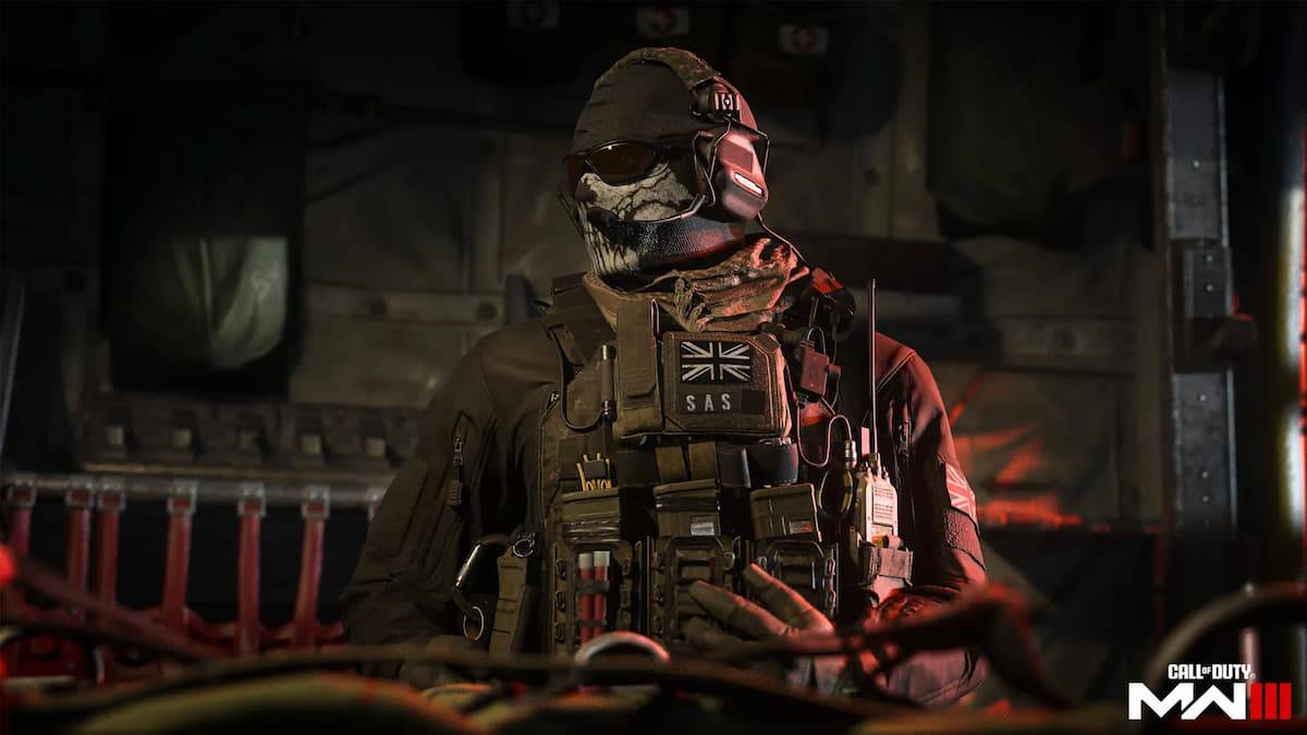 mw3 soldier in skull mask and tactical gear stands in helicopter with logo in corner