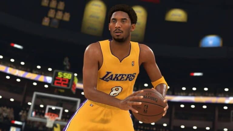 nba 2k24 basketball player in lakers gold jersey holds ball in close up on basketball court with timer