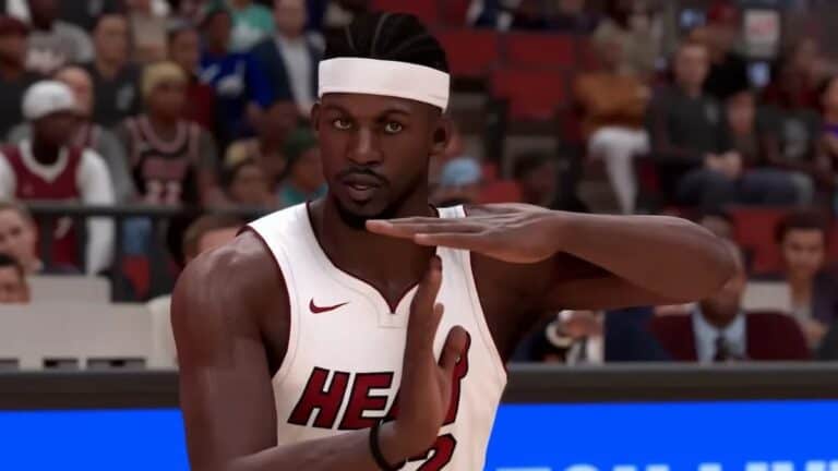 nba 2k24 miami heat player in white jersey and sweatband makes time out gesture on basketball court