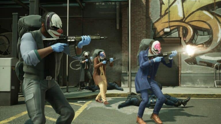 payday 3 Players in Masks Shooting Guns Near Graffiti wall