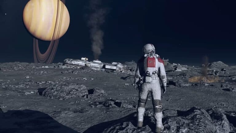 starfield astronaut in white and red suit stands on barren moon with planet with rings in sky