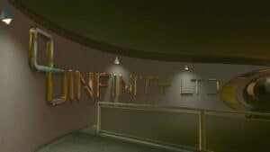 starfield infinity ltd corporate logo in gold letters on wall of office building by upstairs railing