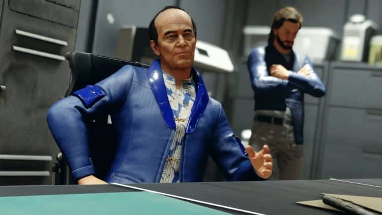 starfield man in blue suit sits at desk with man behind him in grey office room