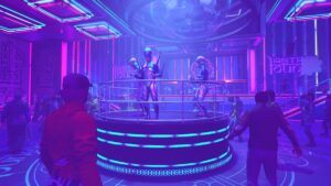starfield player stands in blue and pink colored nightclub with dancers on platform and clubgoers