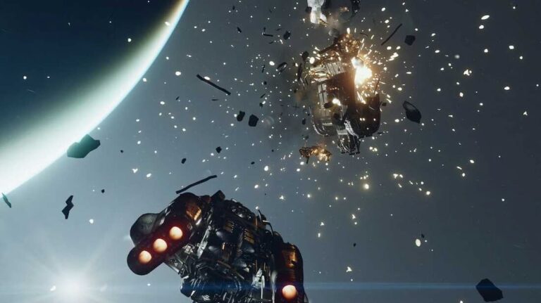 starfield ship battle in space near planet enemy ship exploding with sparks and ship parts