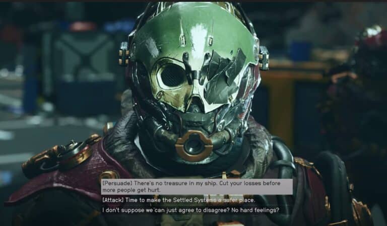 starfield space pirate with mask and spacesuit close up with dialogue options below