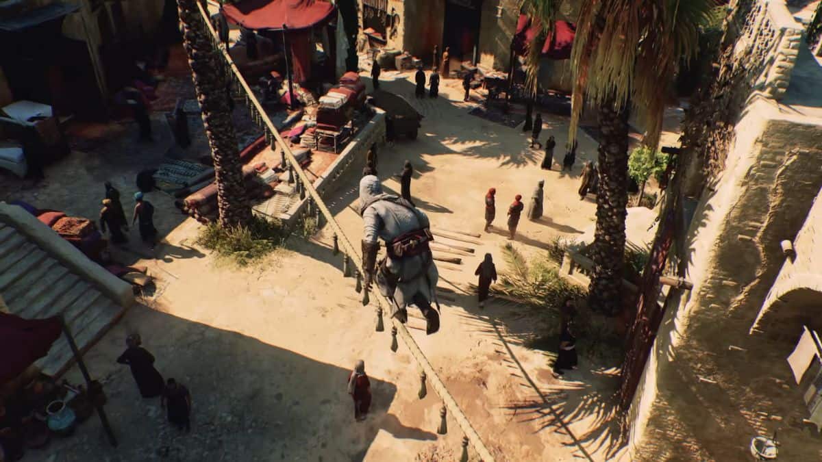 Assassins Creed Mirage Basim Balancing On Rope Over Trading District