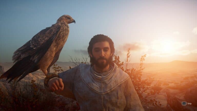 Assassins Creed Mirage Basim Holding Eagle While Meditating