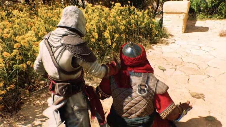 Assassins Creed Mirage Basim Holding Sword Stuck In Guards Shoulder