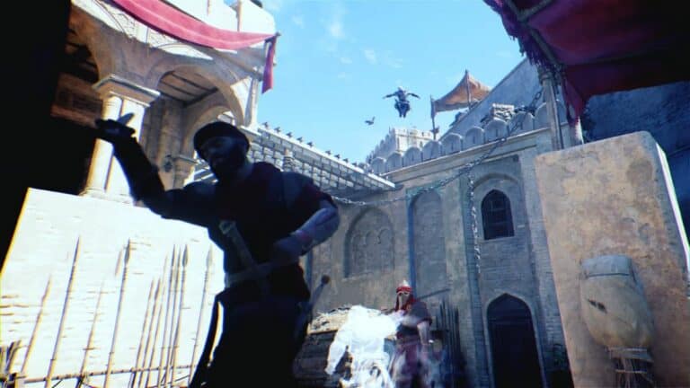 Assassins Creed Mirage Basim Jumping From Rooftop Onto NPC