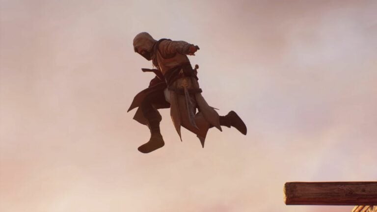Assassins Creed Mirage Basim Jumping Off Ledge With Daggers Out