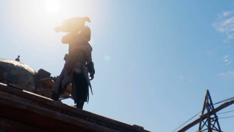 Assassins Creed Mirage Basim Standing On Roof Holding Eagle