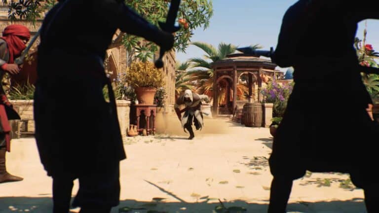 Assassins Creed Mirage Basim charging Guards In Garden