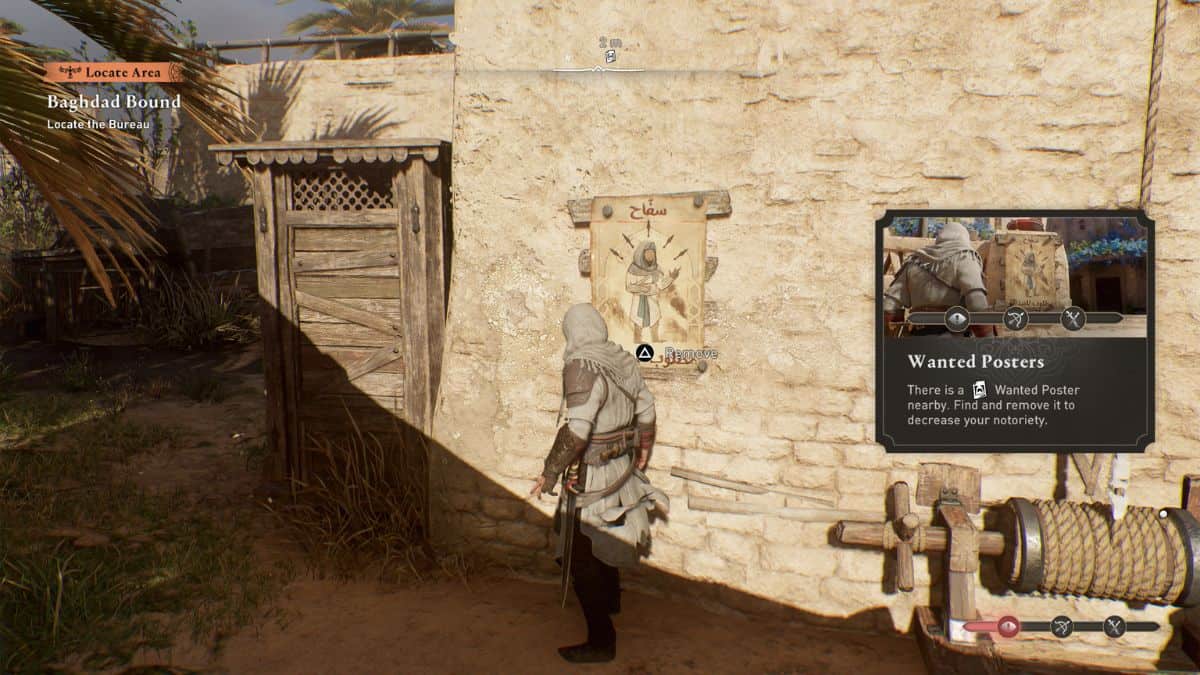 Assassins Creed Mirage Basim in Front Of Wanted Poster
