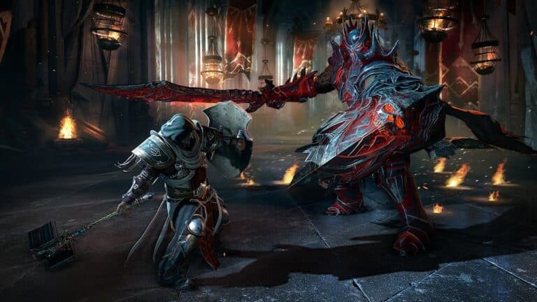 Lords of the fallen fighting the enemy using shield and hammer