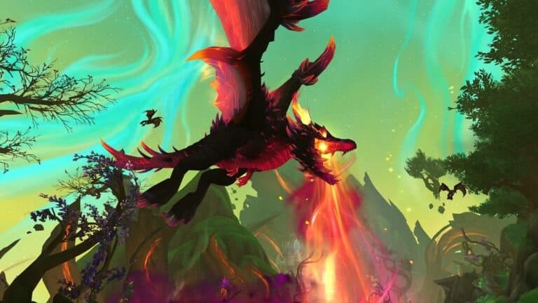 World Of Warcraft Magma Dragon Flying Over Trees and Mountains