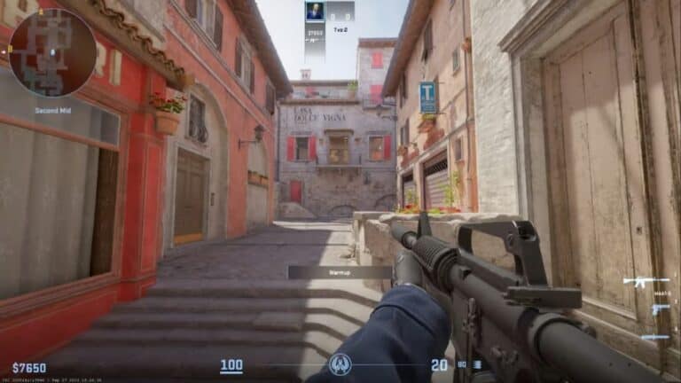 cs2 first person shooter view holding assault rifle in colorful alleyway with hud view at daytime