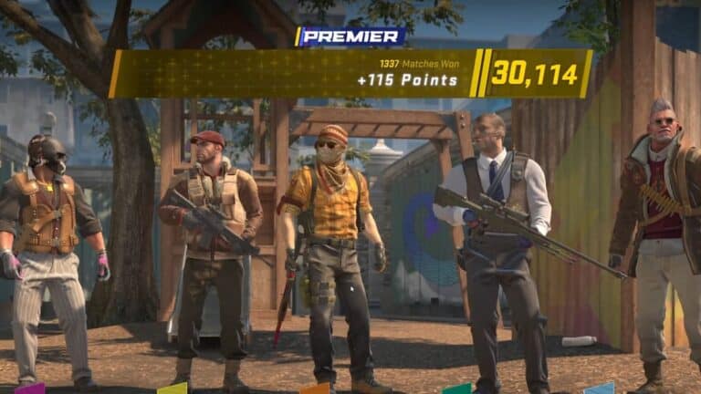 cs2 team lines up during premier mode win standing in line holding weapons in metal playground