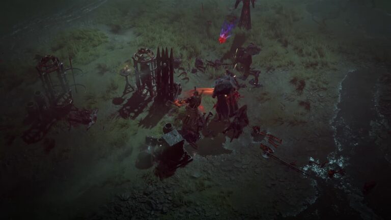 diablo 4 blood harvest event on dark green field red enemies fight player covered in blood