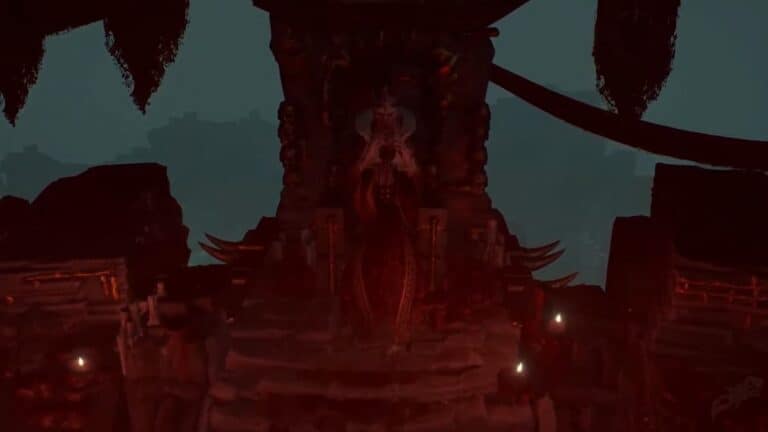 diablo 4 lord zir vampire lord sits and touches fingers on ancient red throne in dark room