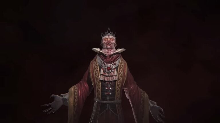 diablo 4 lord zir vampire with bloody mouth crown and fancy outfit stands in dark red fog