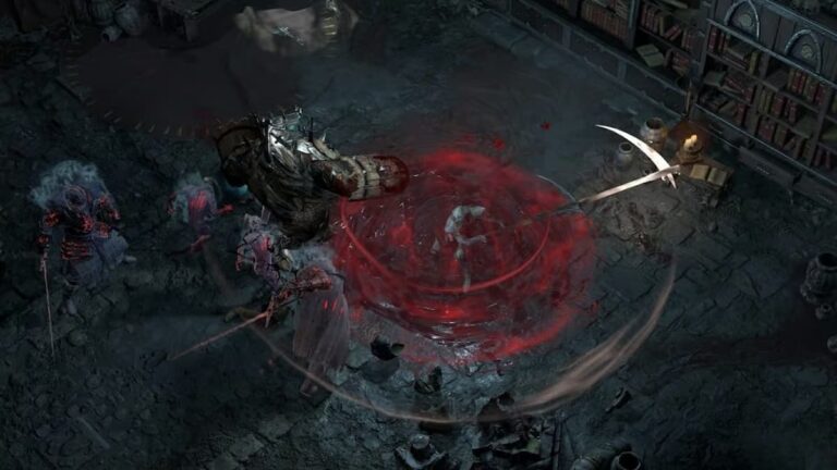 diablo 4 season 2 player spins scythe against large purple enemies in dark library