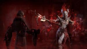 diablo 4 season 2 red flaming knight character aims spear at vampire sorcerer and vampires red fog