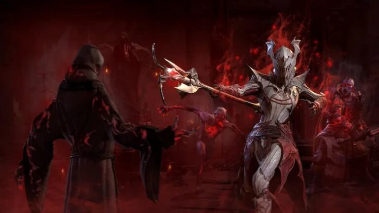 diablo 4 season 2 red flaming knight character aims spear at vampire sorcerer and vampires red fog