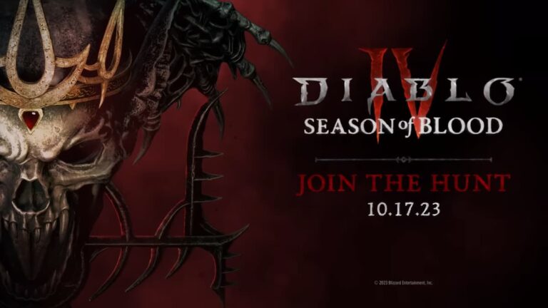 diablo 4 season 2 season of blood logo join the hunt with date vampire skull over red background