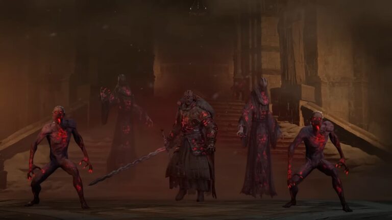 diablo 4 season 2 vampiric enemies purple glowing red stand by large stone dungeon steps