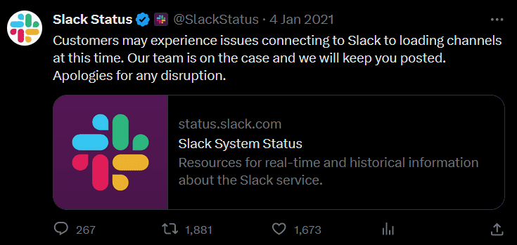 Slack Twitter Post From 2021 about Service Status