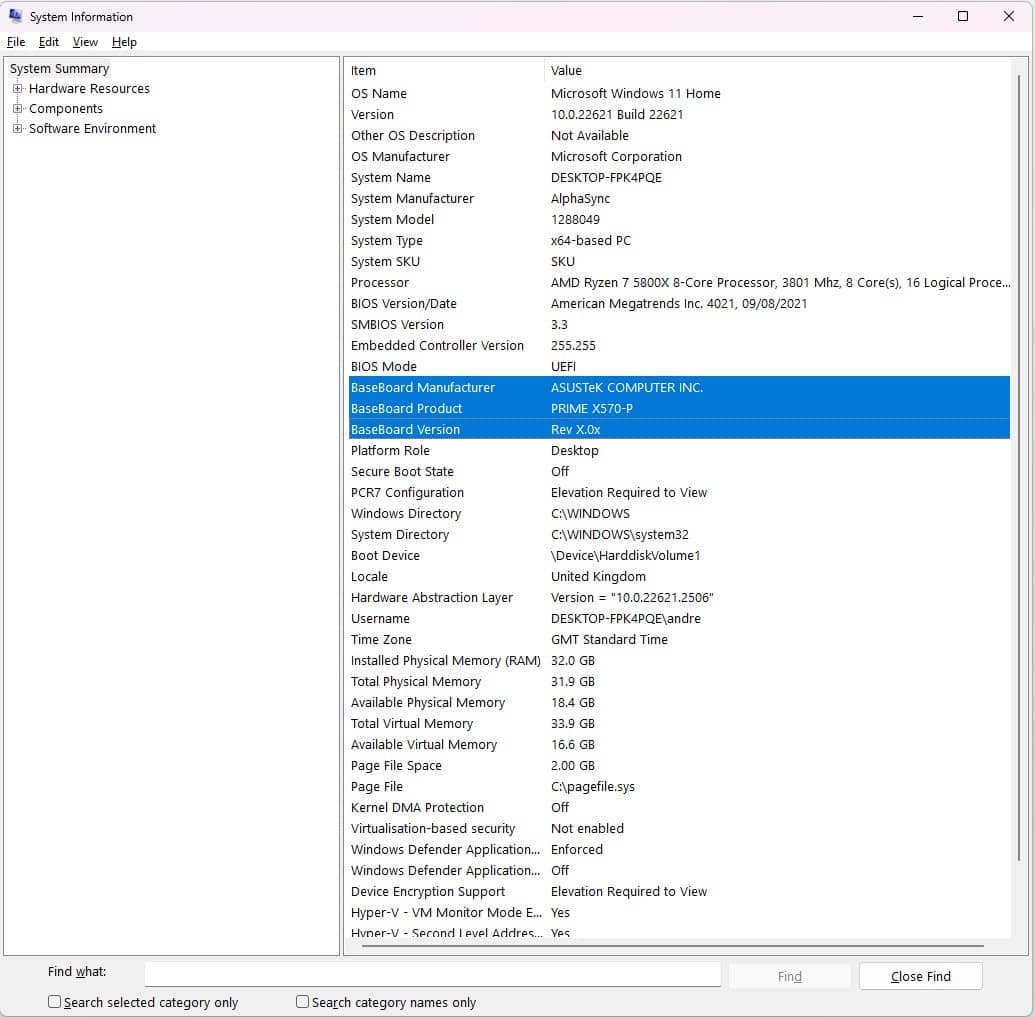 how to check what motherboard you have in Windows 10 system information window
