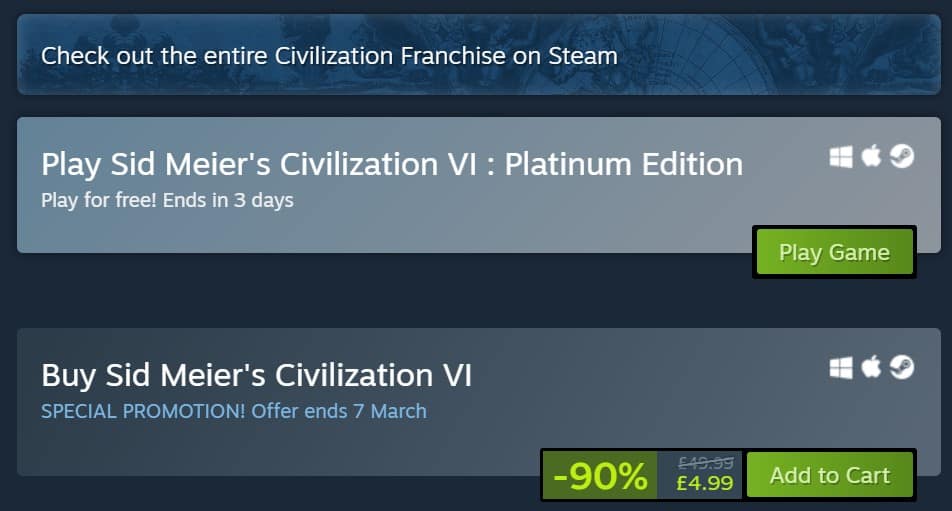 Sid Meiers Civilization VI Steam free to play 90 off
