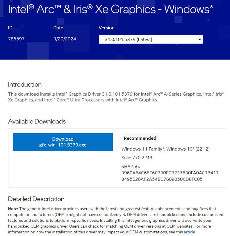 Intel Arc 5379 driver update