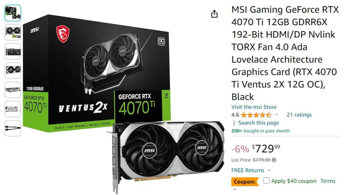 MSI Gaming GeForce RTX 4070 Ti 12GB Amazon deal 18 03 24