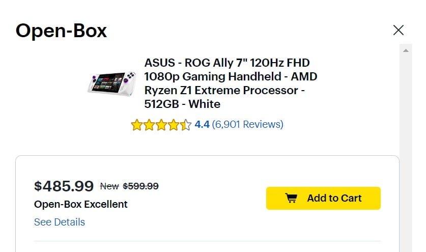 ASUS ROG Ally AMD Ryzen Z1 Extreme open box price