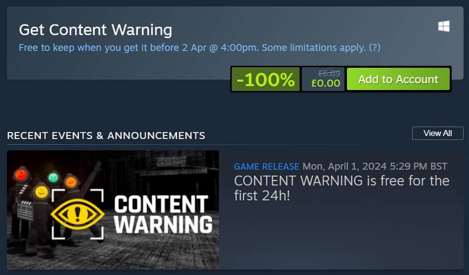 Content Warning 100 off on Steam